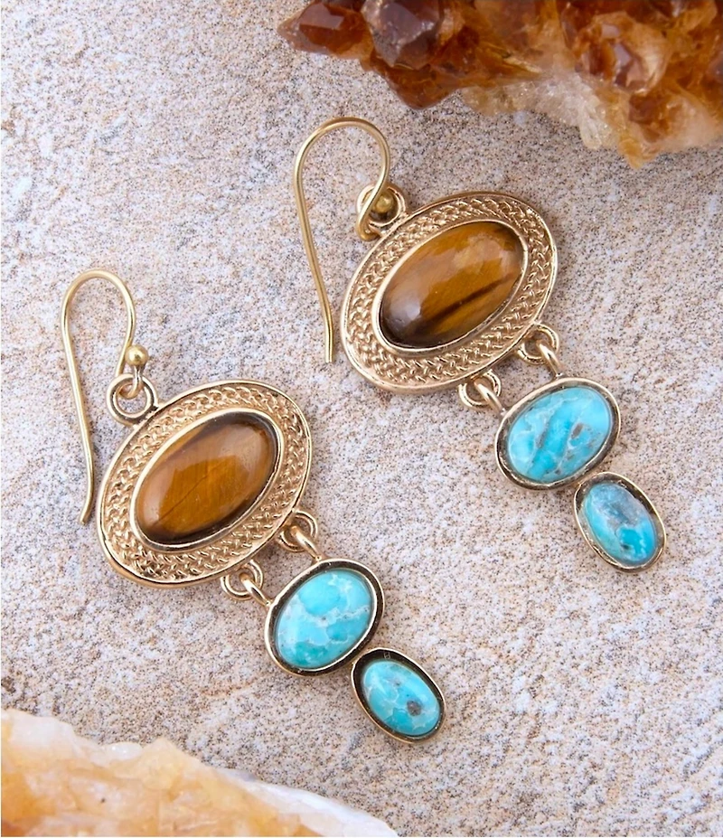 Barse Bronze, Turquoise and Tiger's Eye Elliptical Statement Drop Earrings