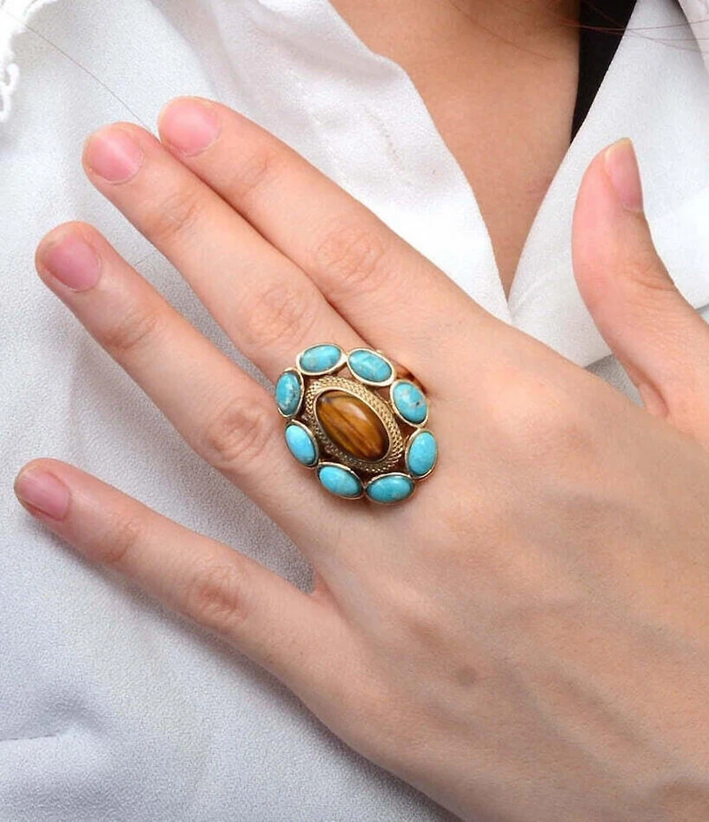 Barse Bronze, Turquoise and Tiger's Eye Elliptical Statement Ring