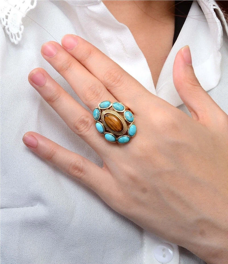 Barse Tiger's Eye Elliptical Bronze Turquoise Statement Ring