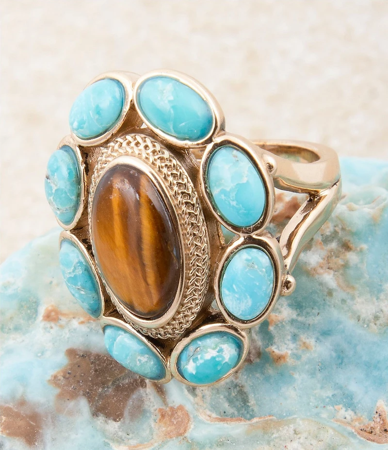 Barse Tiger's Eye Elliptical Bronze Turquoise Statement Ring