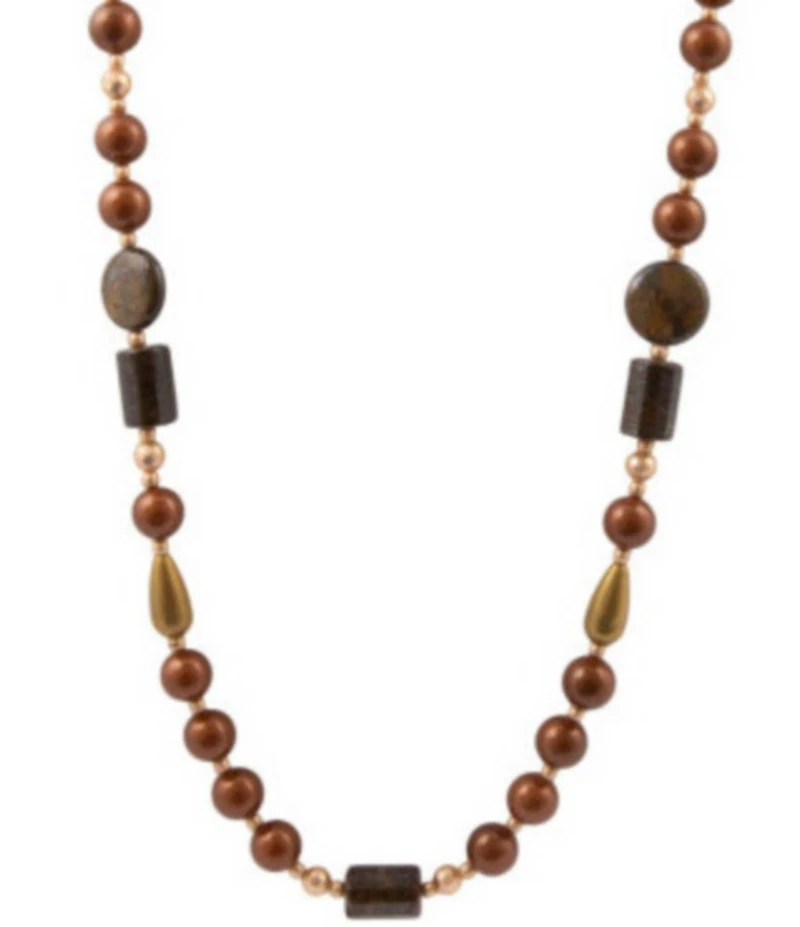 Barse Brown Shell Pearl and Bronzite Beaded Long Strand Necklace