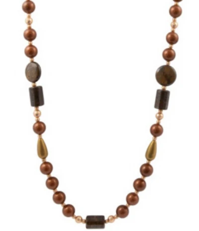 Barse Brown Shell Pearl and Bronzite Beaded Long Strand Necklace