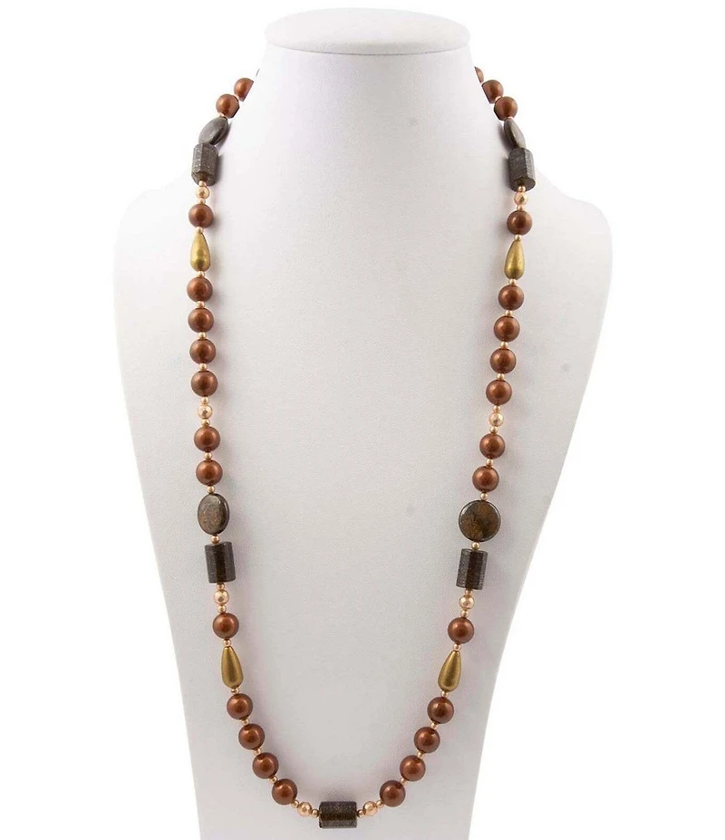 Barse Brown Shell Pearl and Bronzite Beaded Long Strand Necklace