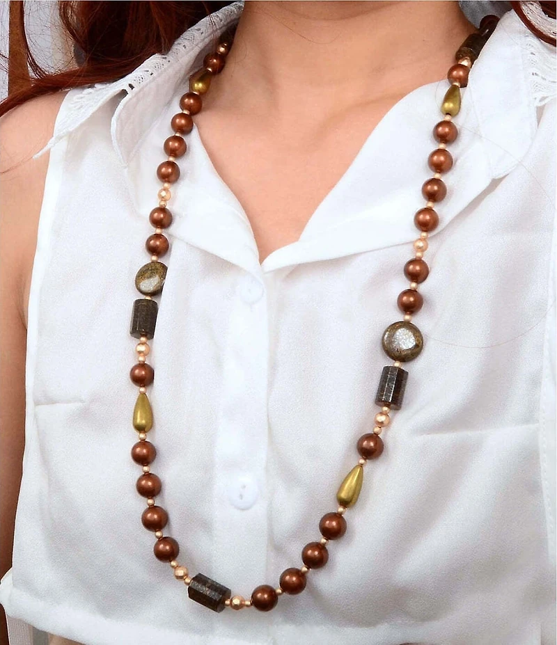 Barse Brown Shell Pearl and Bronzite Beaded Long Strand Necklace