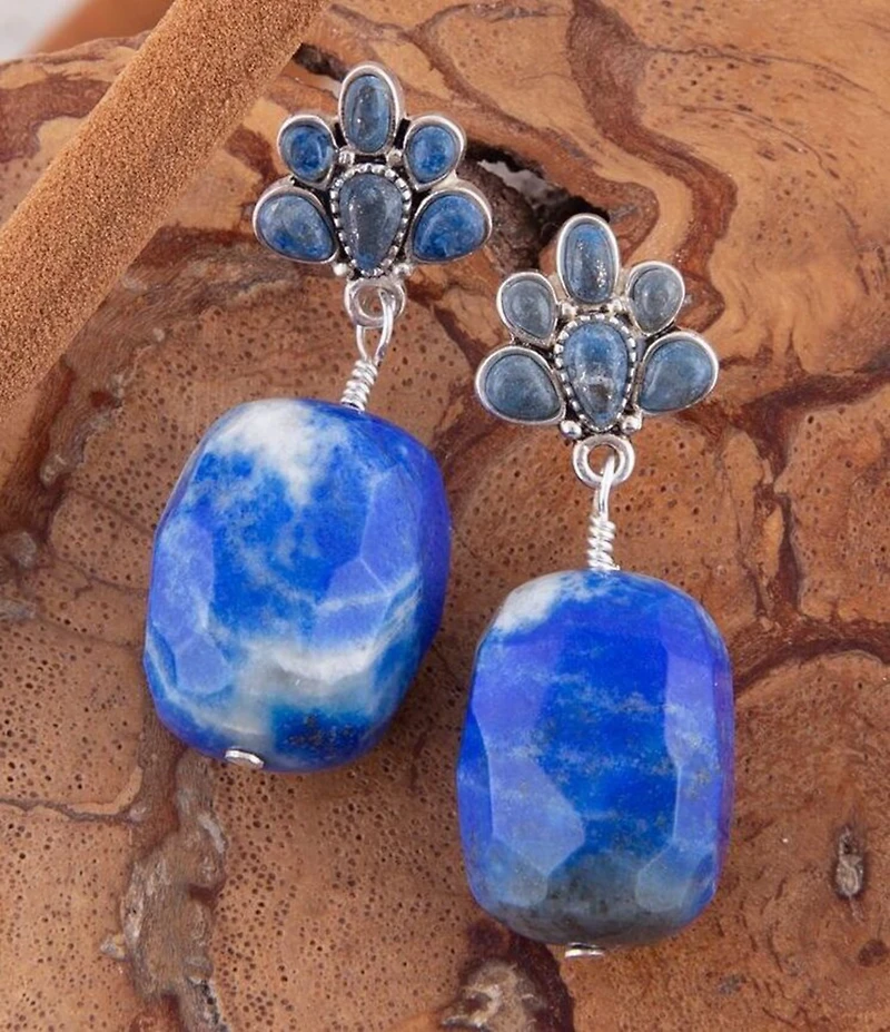 Barse Concho Sterling Silver and Denim Lapis Concho Drop Earrings