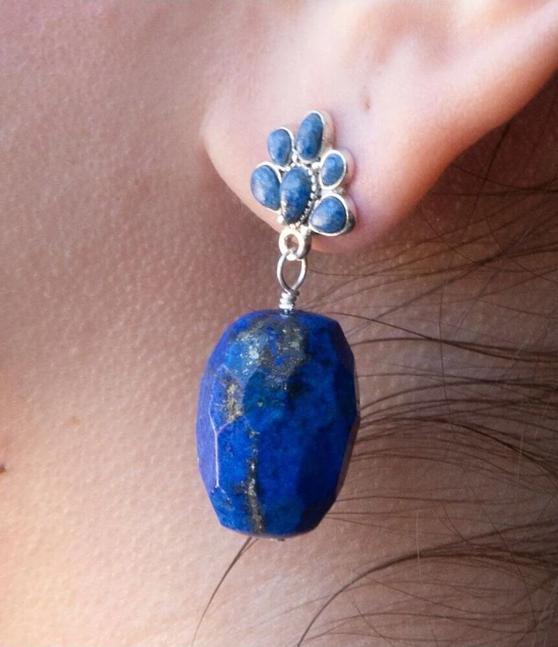 Barse Concho Sterling Silver and Denim Lapis Concho Drop Earrings