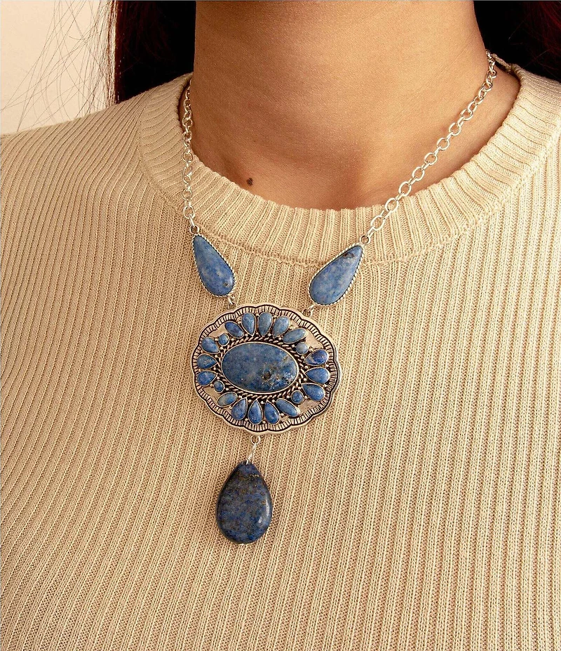 Barse Sterling Silver and Denim Lapis Concho Statement Pendant Necklace