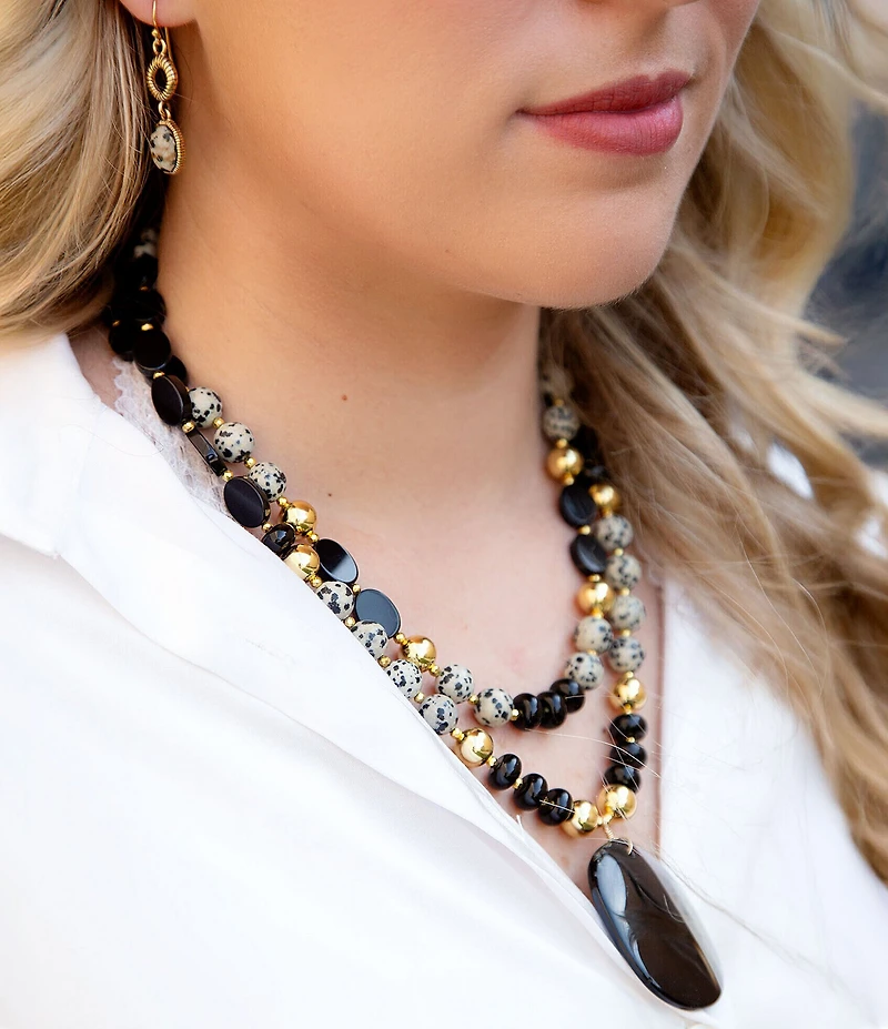 Barse Dark Dalmation Onyx Short Statement Pendant Necklace