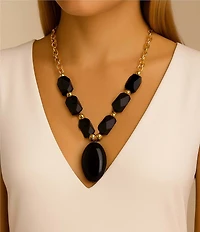 Barse Dark Dalmation Onyx Short Statement Pendant Necklace