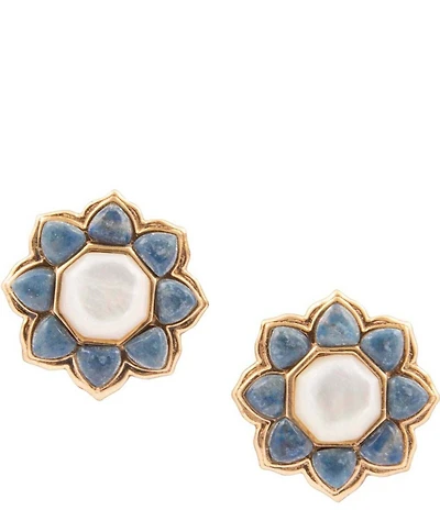 Barse Denim Lapis and Mother Of Pearl Flower Motif Drop Earrings
