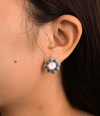 Barse Denim Lapis and Mother Of Pearl Flower Motif Drop Earrings