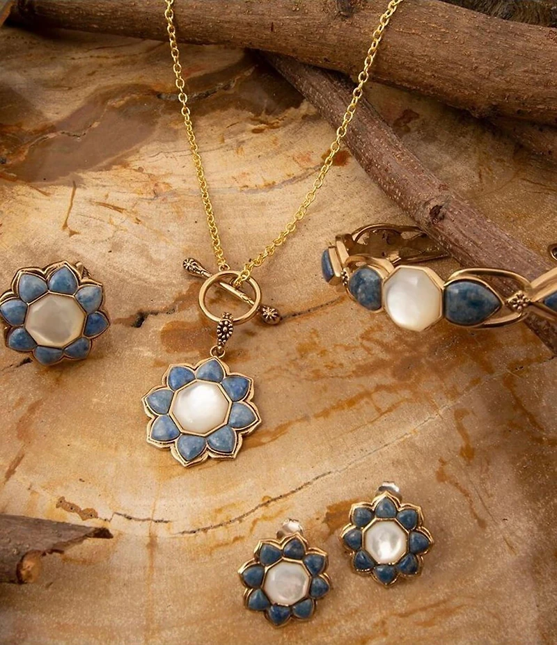 Barse Denim Lapis and Mother Of Pearl Flower Motif Drop Earrings
