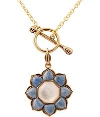 Barse Denim Lapis and Mother Of Pearl Flower Motif Pendant Necklace