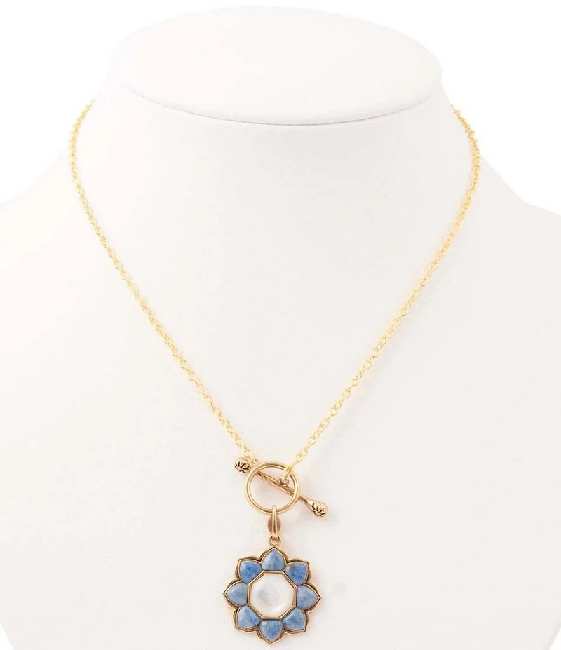 Barse Denim Lapis and Mother Of Pearl Flower Motif Pendant Necklace