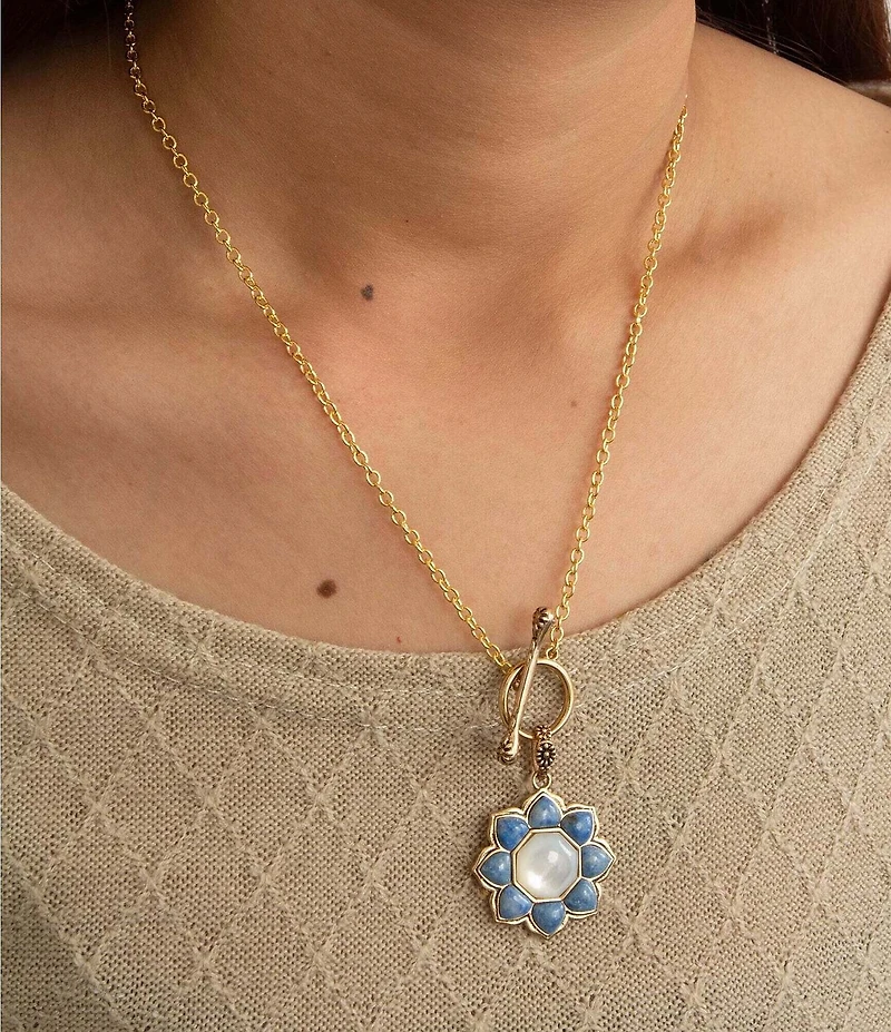 Barse Denim Lapis and Mother Of Pearl Flower Motif Pendant Necklace