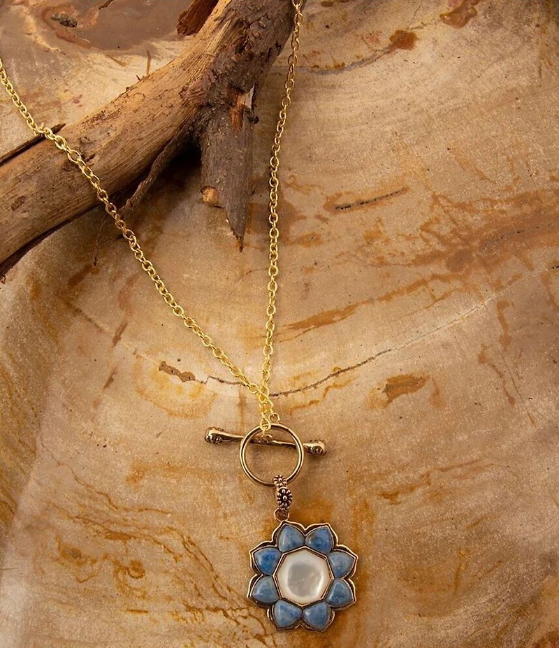 Barse Denim Lapis and Mother Of Pearl Flower Motif Pendant Necklace