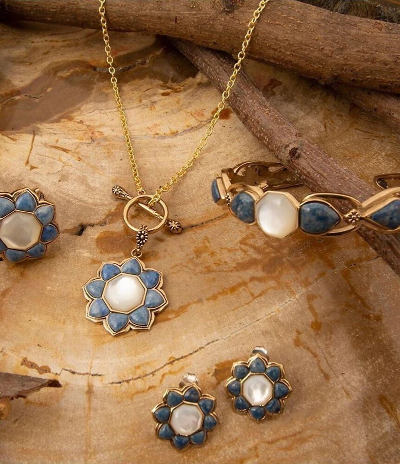 Barse Denim Lapis and Mother Of Pearl Flower Motif Pendant Necklace