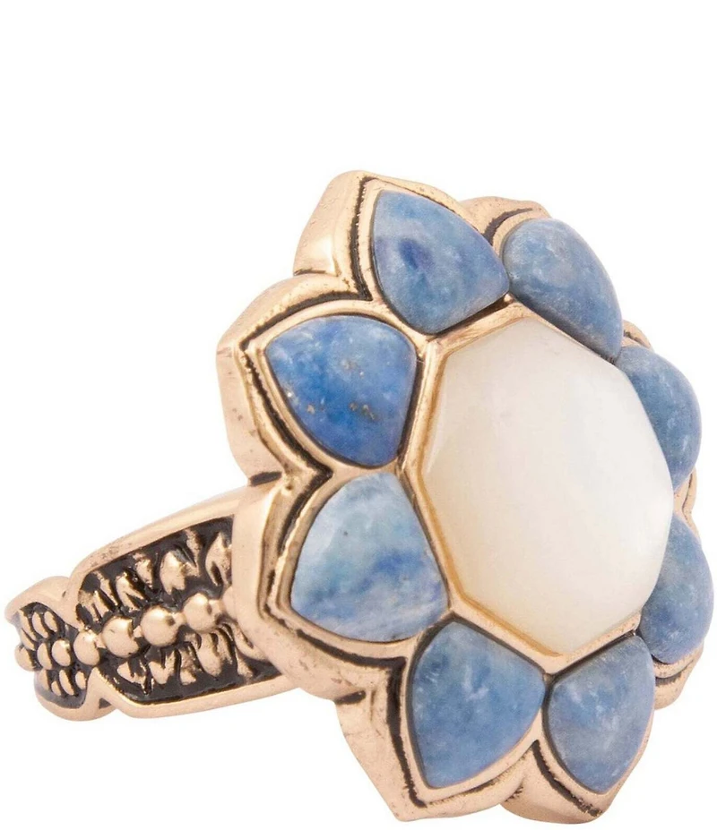Barse Denim Lapis and Mother Of Pearl Flower Golden Ring
