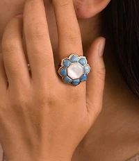 Barse Denim Lapis and Mother Of Pearl Flower Golden Ring