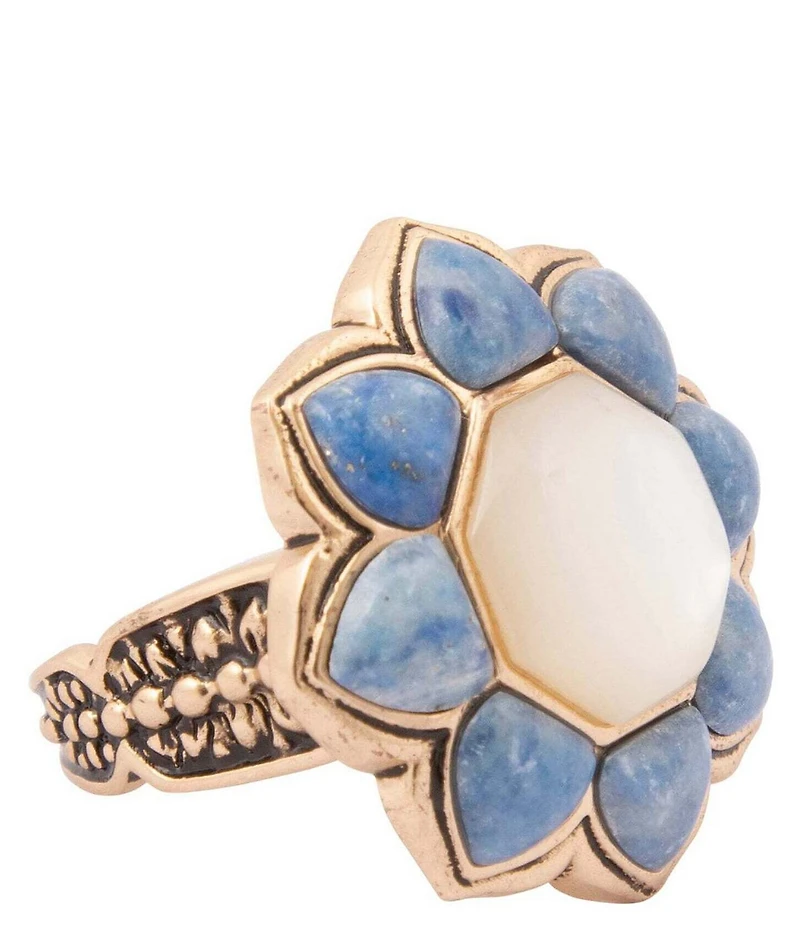 Barse Denim Lapis and Mother Of Pearl Flower Golden Ring