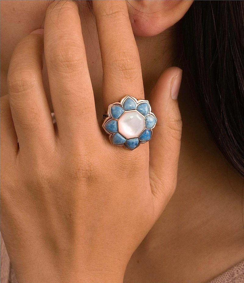 Barse Denim Lapis and Mother Of Pearl Flower Golden Ring