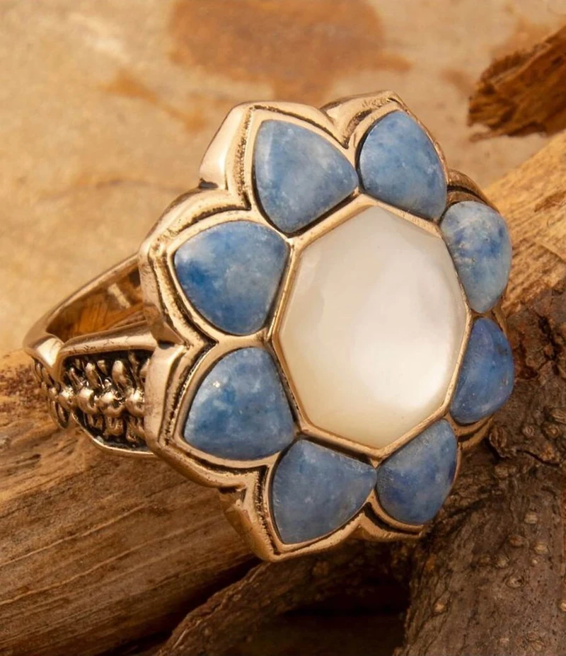 Barse Denim Lapis and Mother Of Pearl Flower Golden Ring