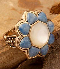 Barse Denim Lapis and Mother Of Pearl Flower Golden Ring