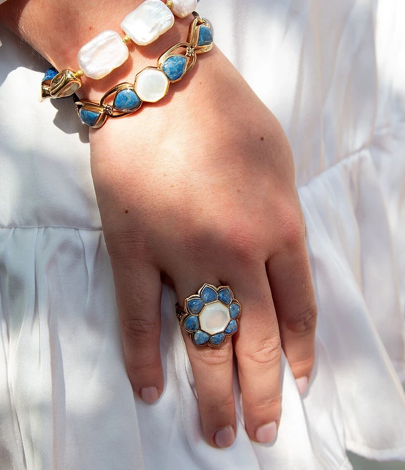 Barse Denim Lapis and Mother Of Pearl Flower Golden Ring