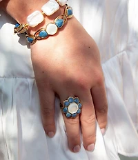 Barse Denim Lapis and Mother Of Pearl Flower Golden Ring