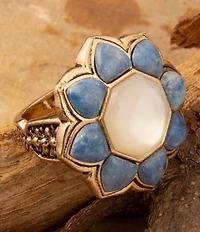 Barse Denim Lapis and Mother Of Pearl Flower Golden Ring