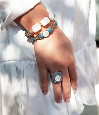 Barse Denim Lapis and Mother Of Pearl Flower Golden Ring