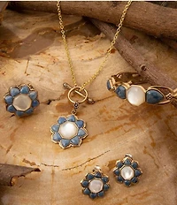 Barse Denim Lapis and Mother Of Pearl Flower Golden Ring