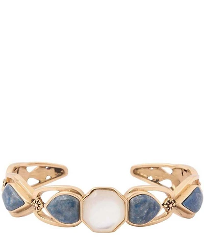 Barse Flower Denim Lapis and Mother Of Pearl Flower Motif Cuff Bracelet