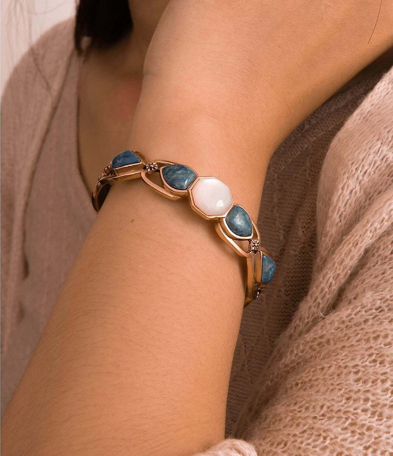 Barse Flower Denim Lapis and Mother Of Pearl Flower Motif Cuff Bracelet