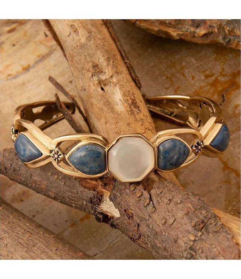 Barse Flower Denim Lapis and Mother Of Pearl Flower Motif Cuff Bracelet