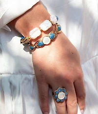 Barse Flower Denim Lapis and Mother Of Pearl Flower Motif Cuff Bracelet