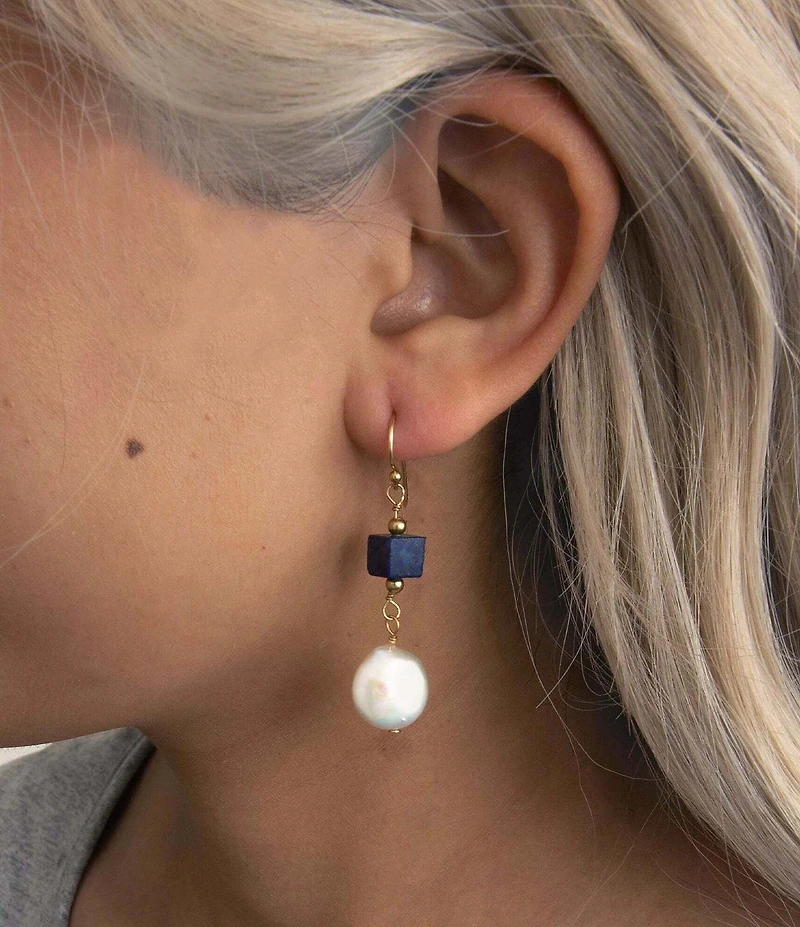 Barse Friendly Denim Lapis and Pearl Linear Earrings