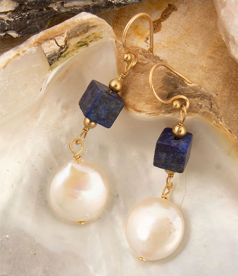 Barse Friendly Denim Lapis and Pearl Linear Earrings