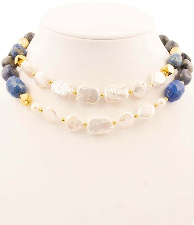 Barse Friendly Denim Lapis and Pearl Two Row Short Multi Strand Necklace