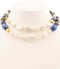 Barse Friendly Denim Lapis and Pearl Two Row Short Multi Strand Necklace