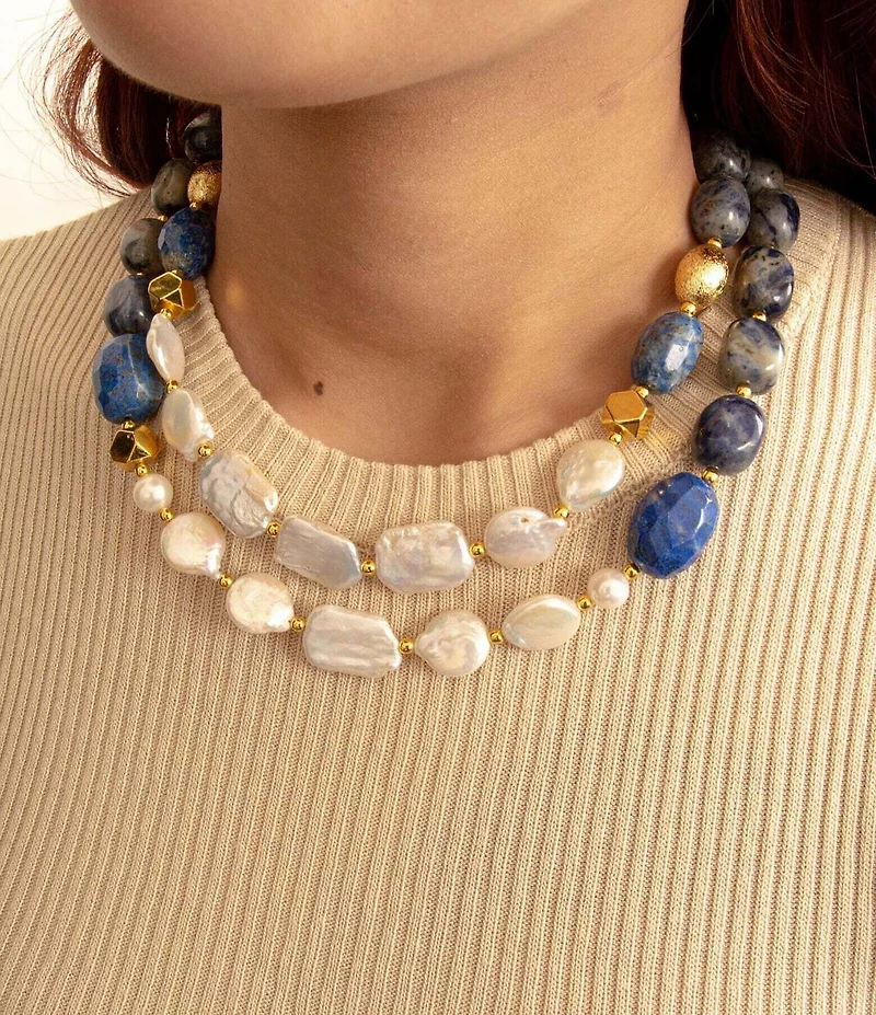 Barse Friendly Denim Lapis and Pearl Two Row Short Multi Strand Necklace