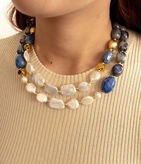 Barse Friendly Denim Lapis and Pearl Two Row Short Multi Strand Necklace