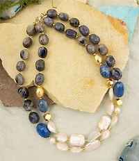 Barse Friendly Denim Lapis and Pearl Two Row Short Multi Strand Necklace