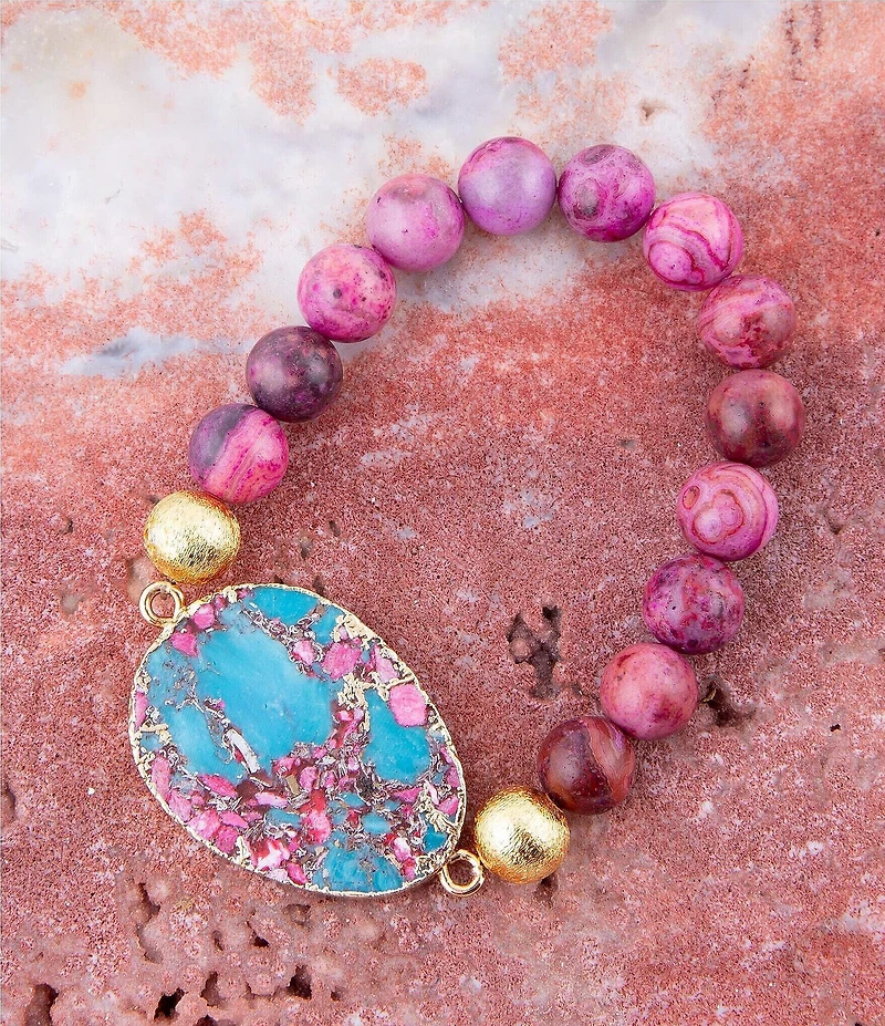 Barse Fuchsia Agate and Jasper Genuine Stone Beaded Stretch Bracelet