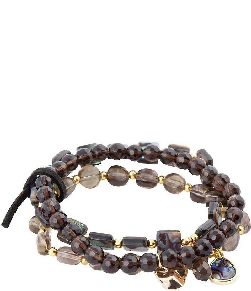 Barse Sepia Sea Black Smoky Quartz and Blue Abalone Bracelet Set