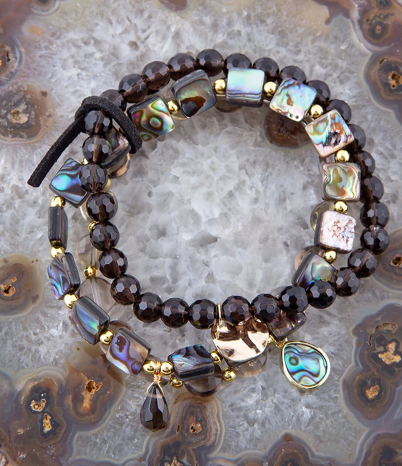 Barse Sepia Sea Black Smoky Quartz and Blue Abalone Bracelet Set