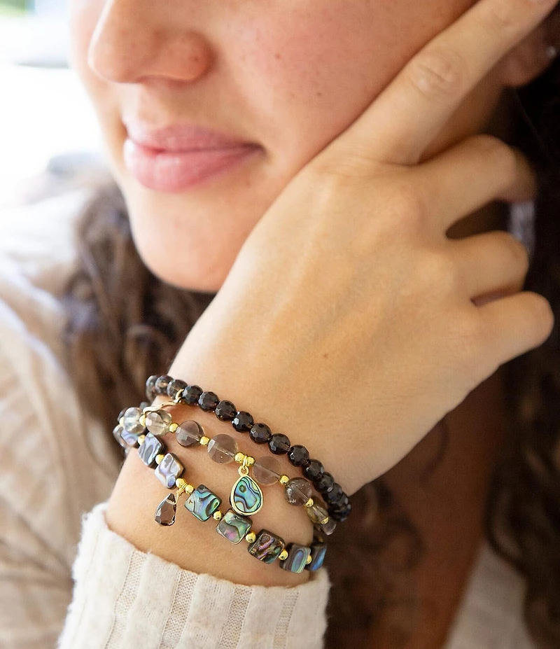 Barse Sepia Sea Black Smoky Quartz and Blue Abalone Bracelet Set