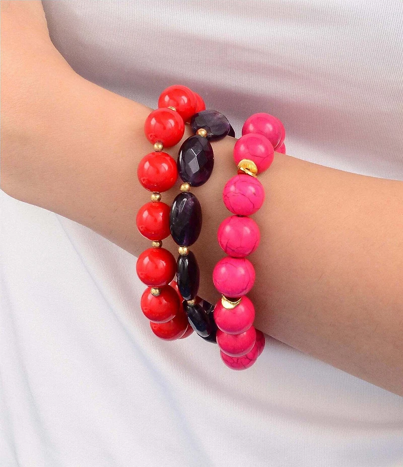 Barse Genuine Stone Berry Glow Stretch Bracelet Set