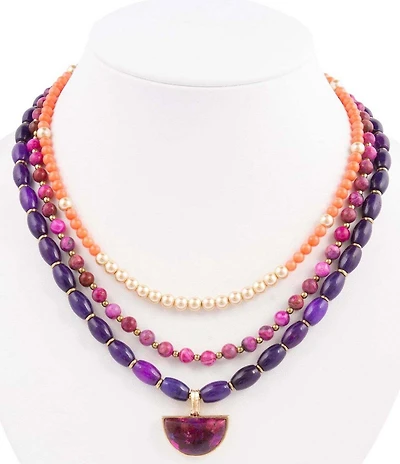Barse Genuine Stone Bordeaux Multi Strand Short Pendant Necklace