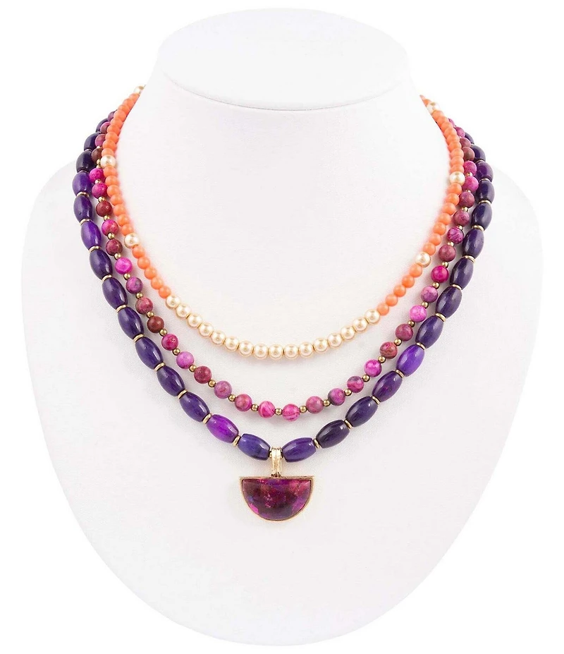Barse Bordeaux Purple Turquoise and Jade Golden Multi Strand Necklace
